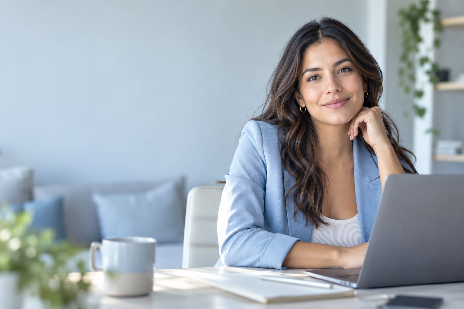 Professional in a light-blue blazer working at her laptop